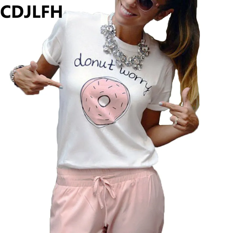 2018 Summer Leisure T Shirt Tops Cute Donuts Print Women's Tshirt Fashion Sexy O-neck Women T-shirts