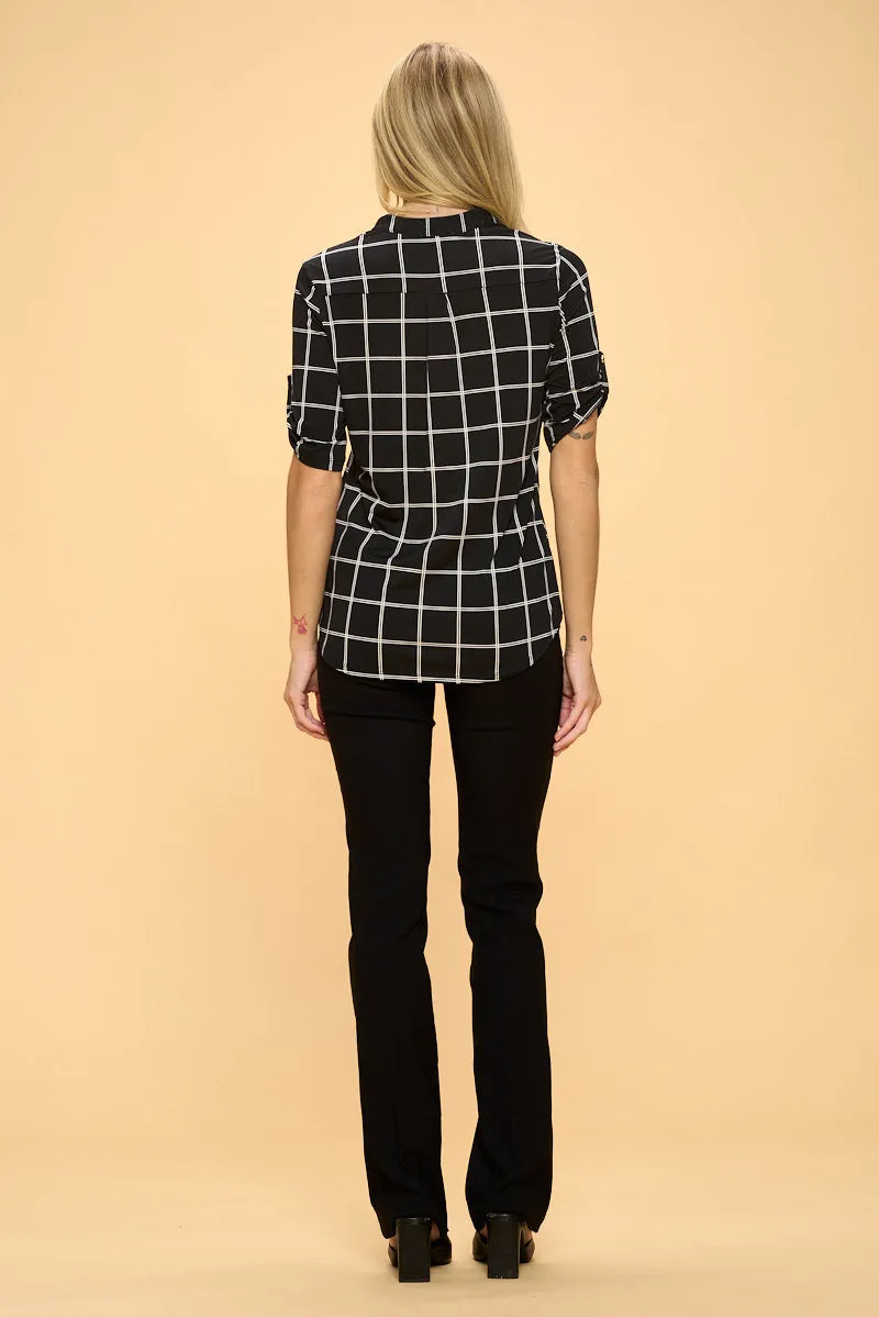 3 4 SLEEVE MANDARIN GRAPHH STRIPED ROLL TAB SHIRT