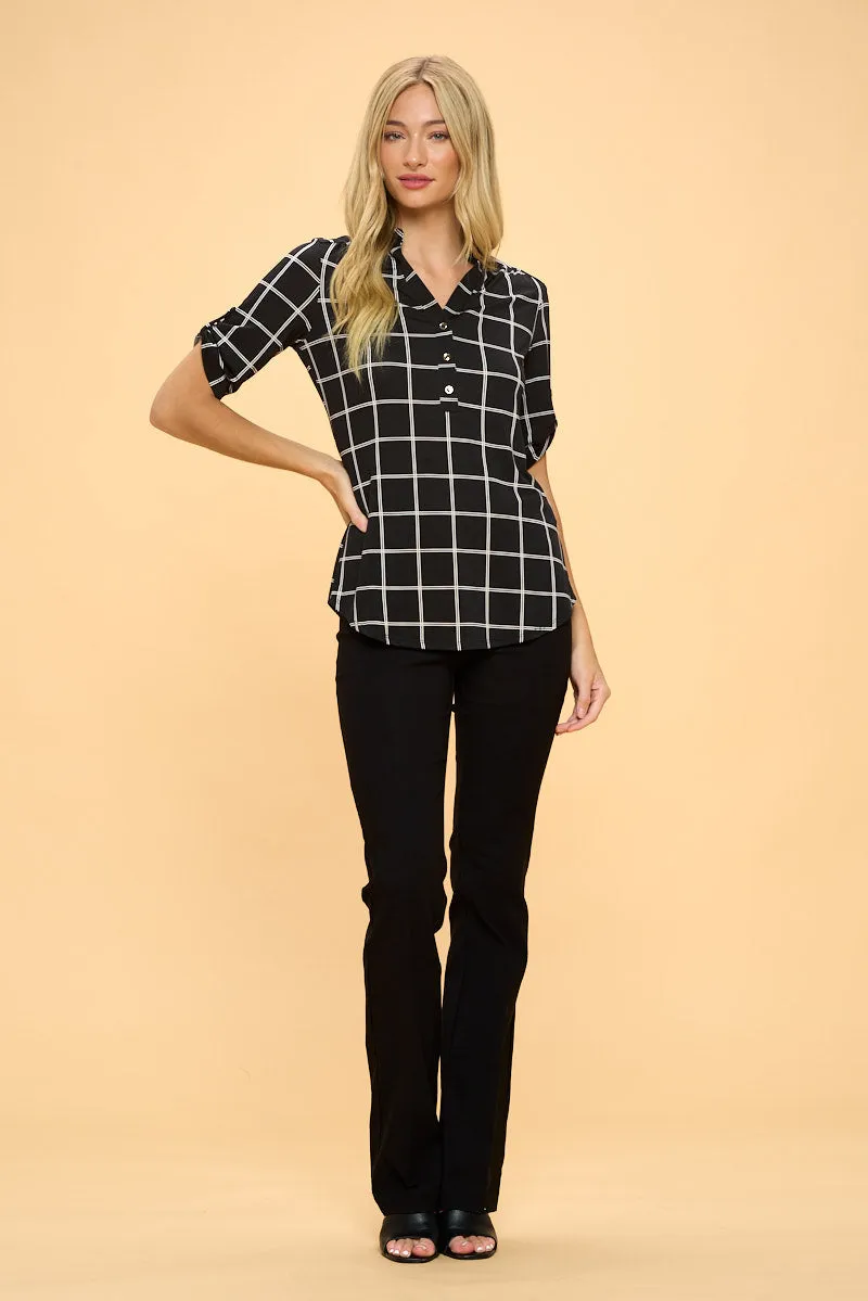 3 4 SLEEVE MANDARIN GRAPHH STRIPED ROLL TAB SHIRT