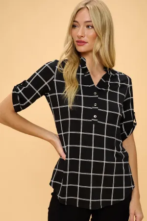 3 4 SLEEVE MANDARIN GRAPHH STRIPED ROLL TAB SHIRT