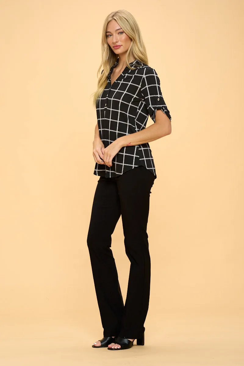 3 4 SLEEVE MANDARIN GRAPHH STRIPED ROLL TAB SHIRT