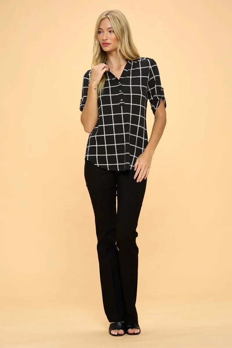 3 4 SLEEVE MANDARIN GRAPHH STRIPED ROLL TAB SHIRT