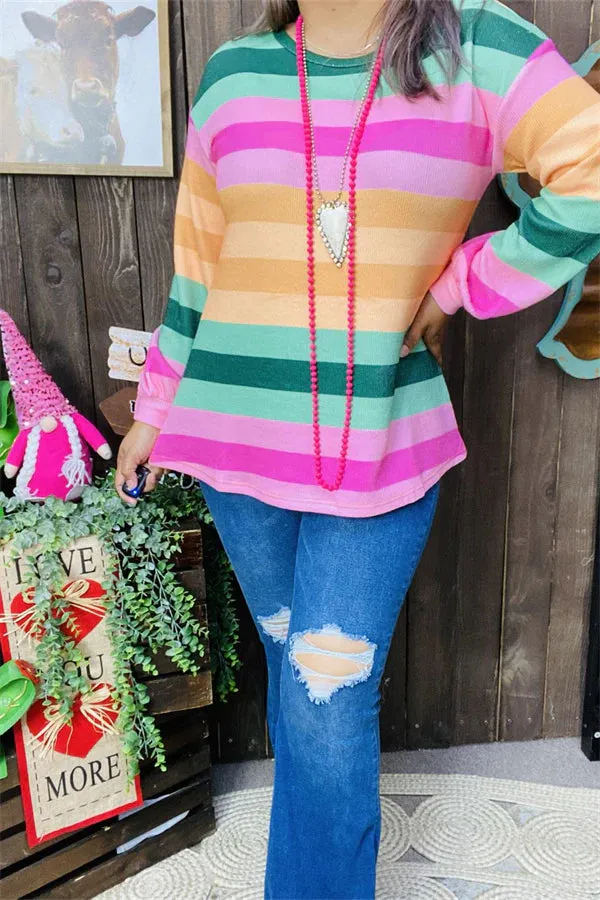 3X : Pink, Green, Orange, Striped Sweatshirt