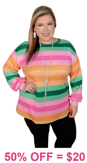3X : Pink, Green, Orange, Striped Sweatshirt