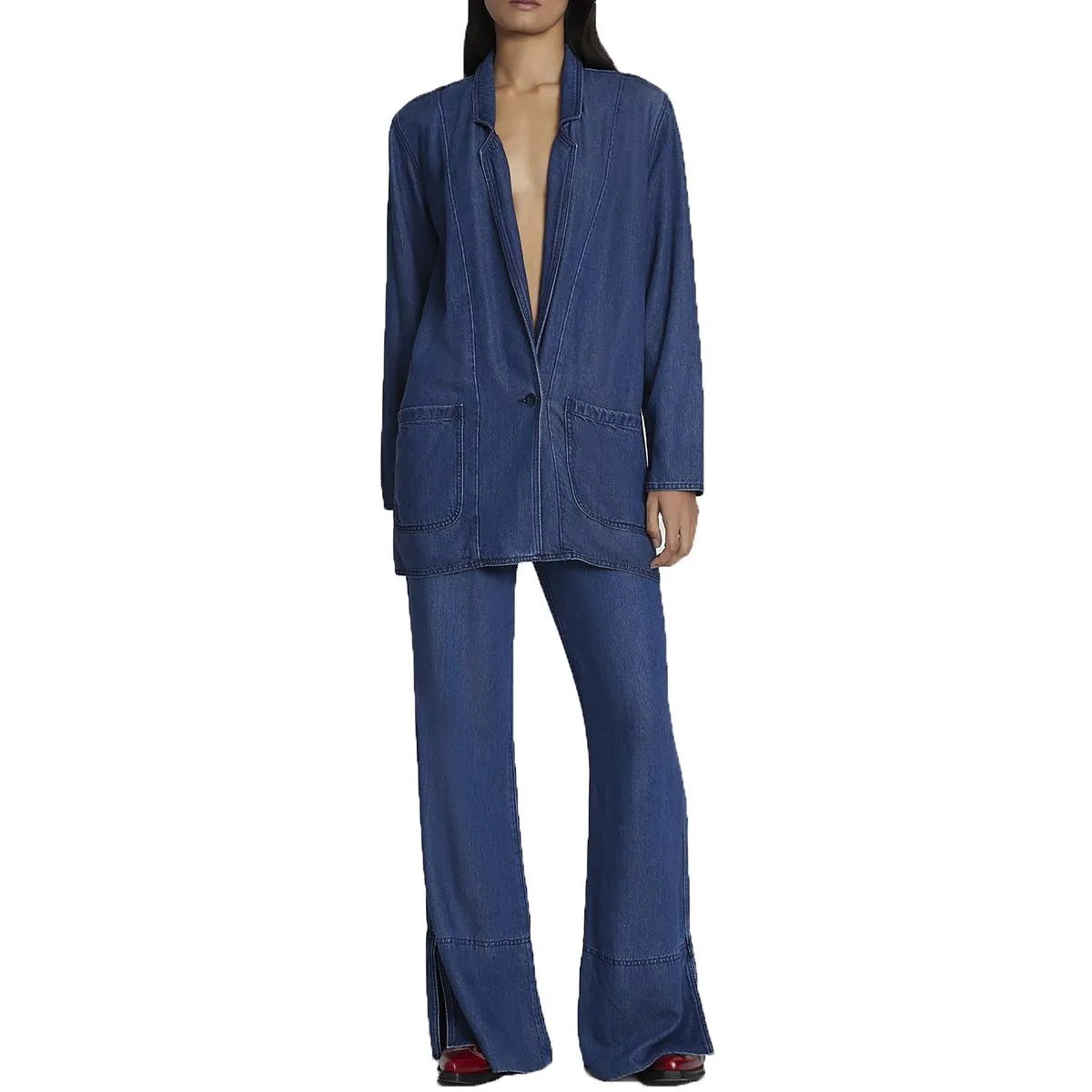 7 For All Mankind Womens Unlined Denim One-Button Blazer