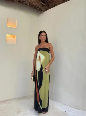Abstract Print Strapless Maxi Dress