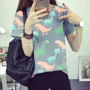 Animal Dinosaur Printing T shirt Women Japanese Harajuku Style Short-sleeved T-shirt Woman Tops S-XL