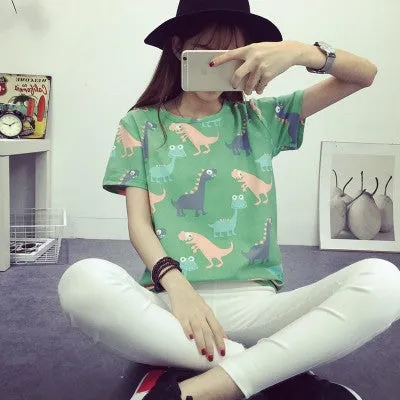 Animal Dinosaur Printing T shirt Women Japanese Harajuku Style Short-sleeved T-shirt Woman Tops S-XL