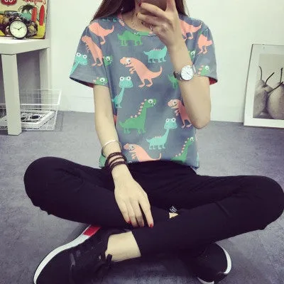 Animal Dinosaur Printing T shirt Women Japanese Harajuku Style Short-sleeved T-shirt Woman Tops S-XL