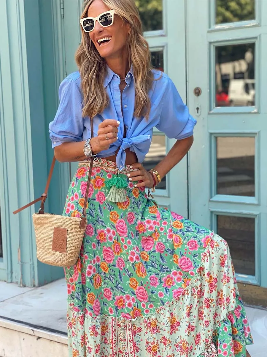 Audrina Bohemian Print Elastic Waist Tassel Maxi Skirt