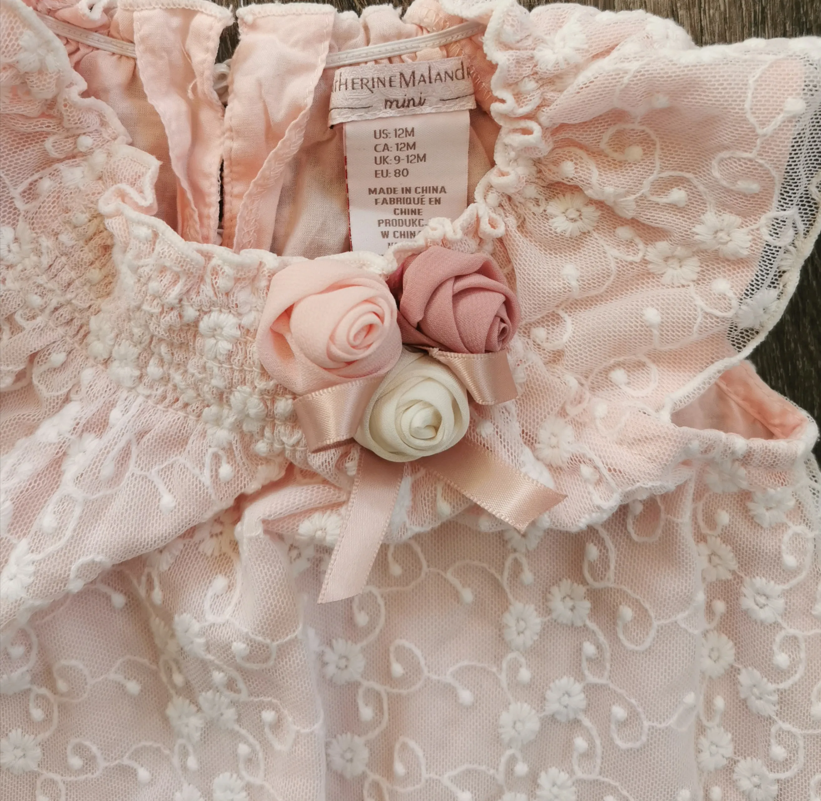 BABY GIRL SIZE 12 MONTHS - CATHERINE MALANDRINO Mini Designer Fashion, Beautiful Lace Floral Dress EUC B38
