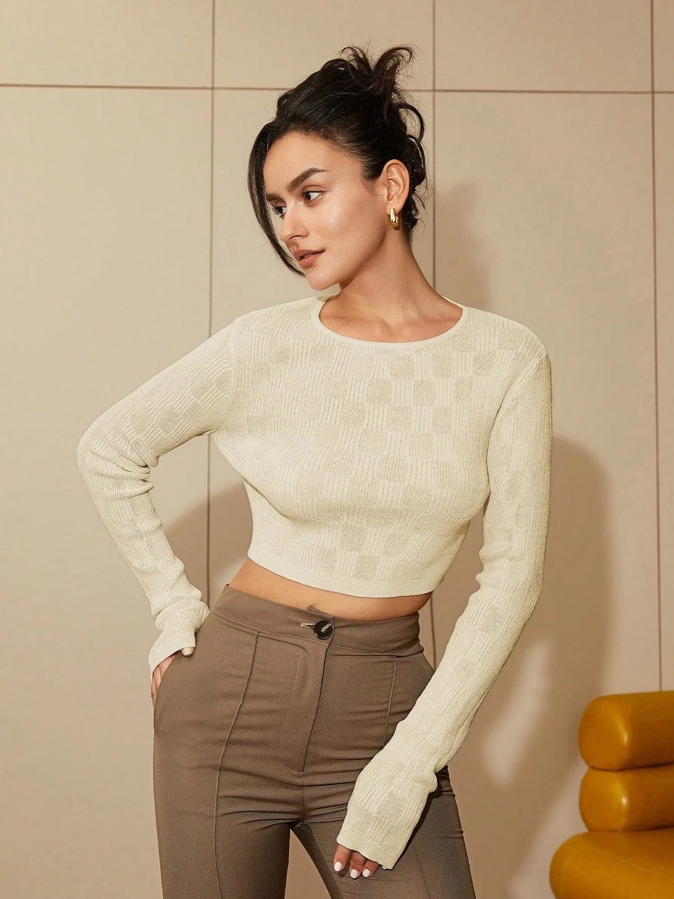 Beige Knit Full Sleeve Top