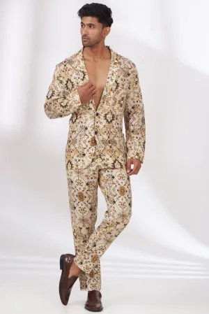 Beige Linen Printed Blazer Set
