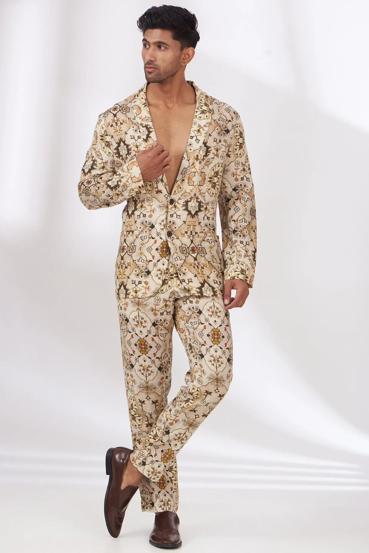 Beige Linen Printed Blazer Set