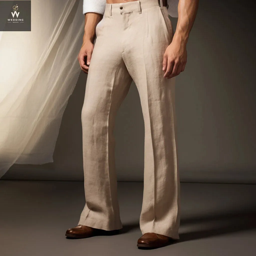 Beige Men's Cotton Linen Flare Pants | Breathable Autumn Trousers | Solid Color Linen