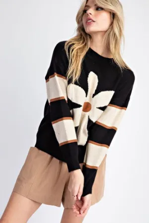 Black   Cream Flower Striped Sleeve Sweater