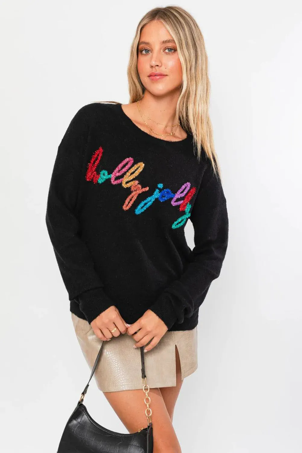 Black Holly Jolly Round Neck Casual Sweater