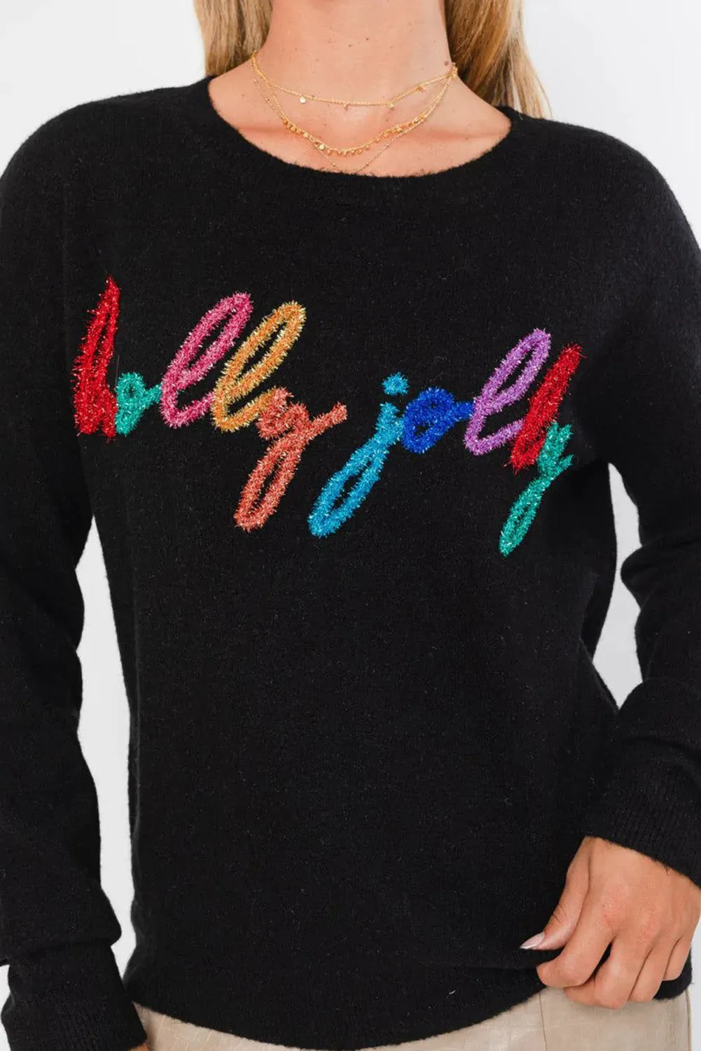 Black Holly Jolly Round Neck Casual Sweater