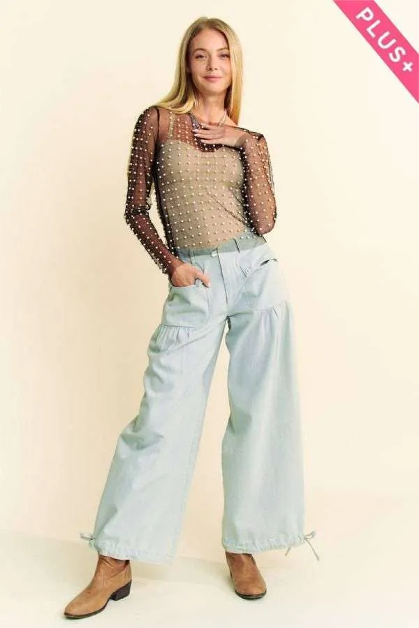Black Plus Bead Pearl Embellished Long Sleeve Mesh Davi & Dani Top