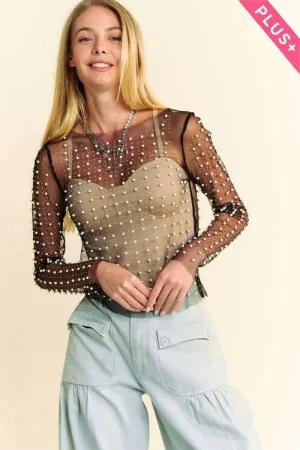 Black Plus Bead Pearl Embellished Long Sleeve Mesh Davi & Dani Top