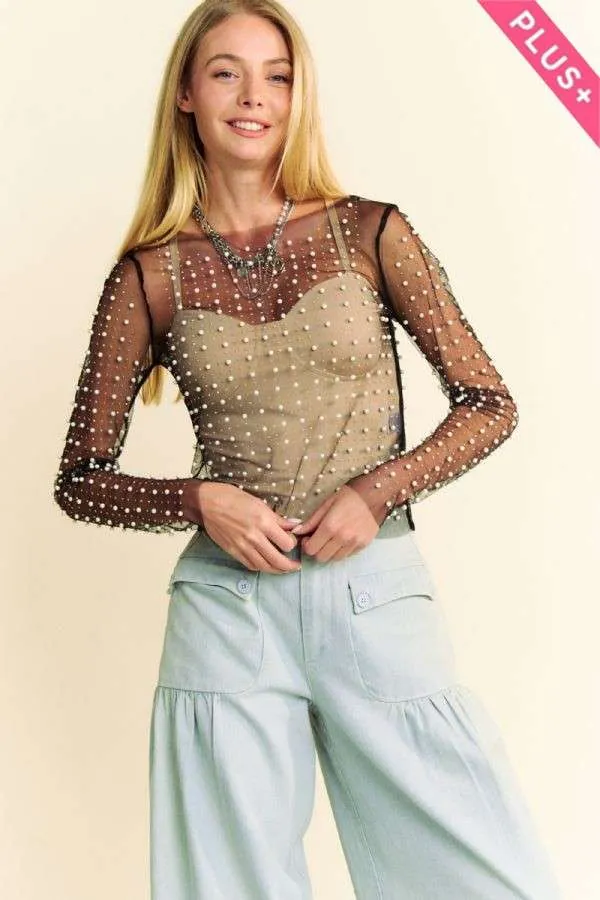 Black Plus Bead Pearl Embellished Long Sleeve Mesh Davi & Dani Top