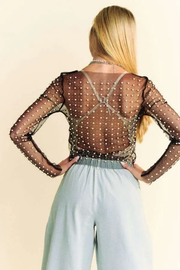 Black Plus Bead Pearl Embellished Long Sleeve Mesh Davi & Dani Top