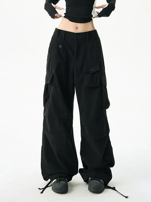 Black vintage corduroy cargo pants with multiple pockets