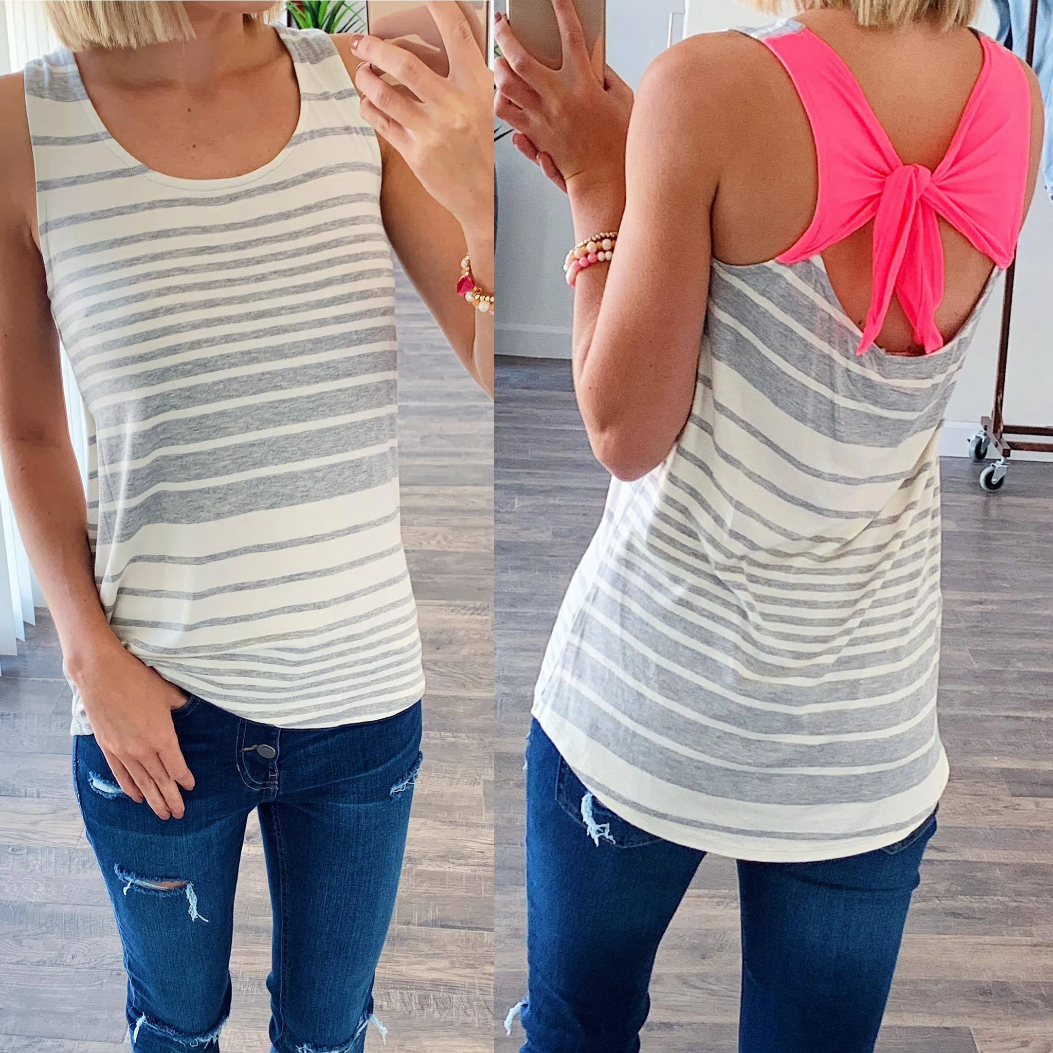 Bow Back Striped Tank Top- Grey & Ivory