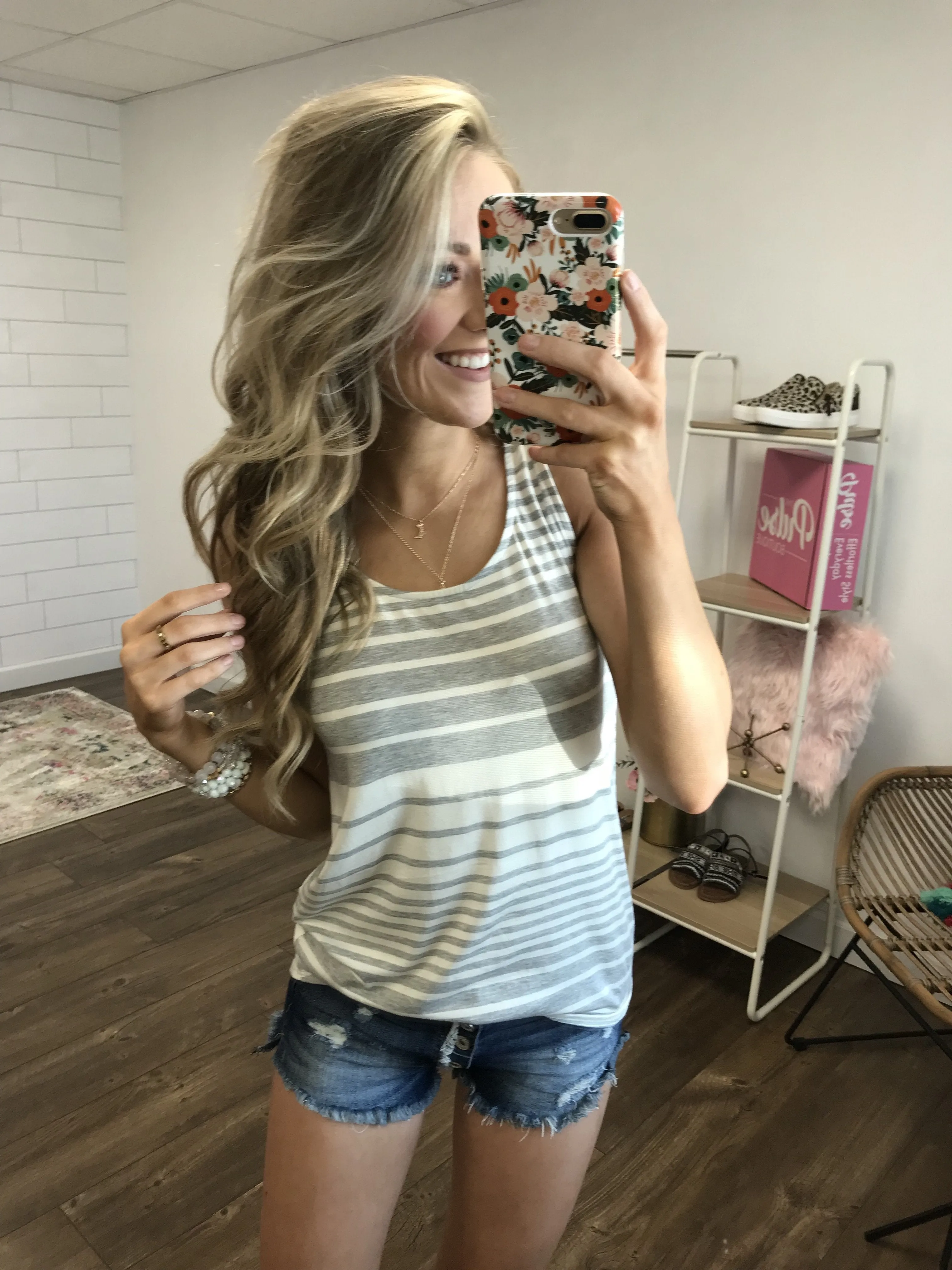 Bow Back Striped Tank Top- Grey & Ivory