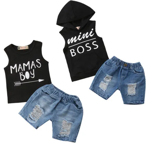 Boys Summer Sleeveless T-Shirt Tops Denim Short Jeans