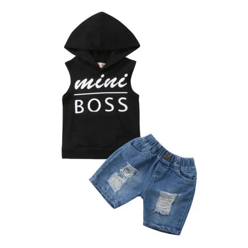 Boys Summer Sleeveless T-Shirt Tops Denim Short Jeans