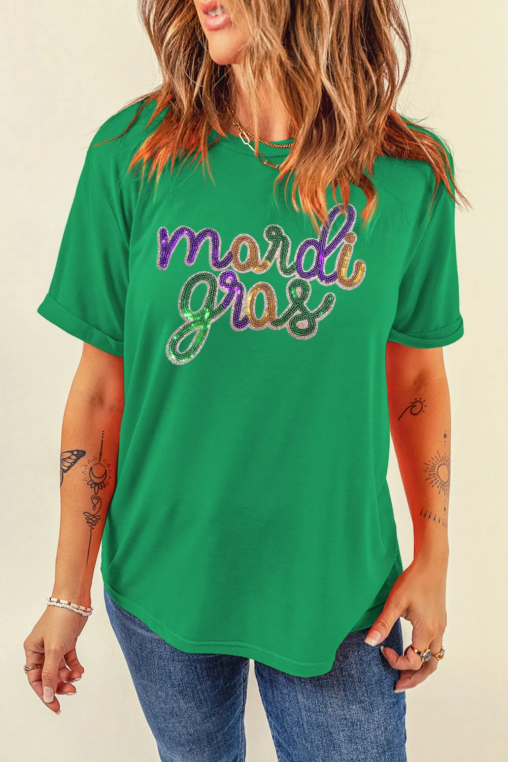 Bright Green Sequin mardi gras Graphic T Shirt
