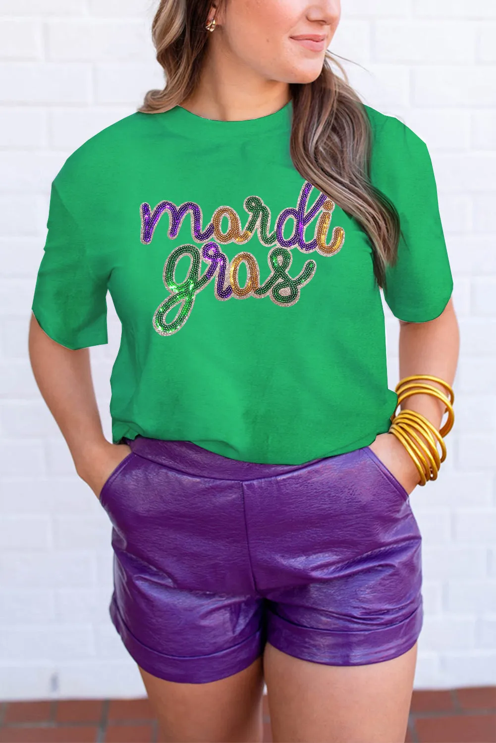 Bright Green Sequin mardi gras Graphic T Shirt