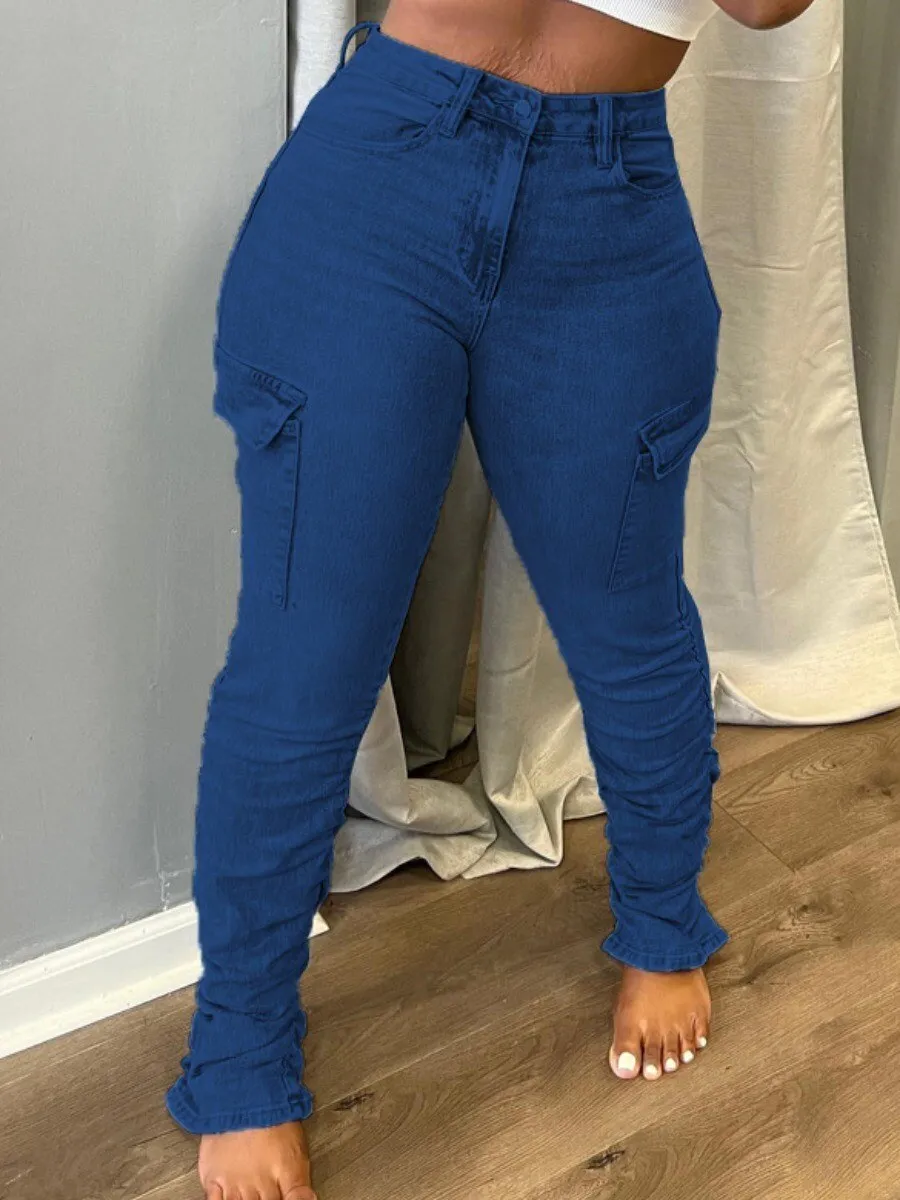 Cargo Pants Mid Waist Side Pocket Stretchy Cargo Jeans