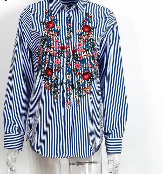 Casual blue striped shirt cool long sleeve blouse women tops Embroidery female blouse shirt