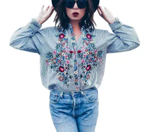 Casual blue striped shirt cool long sleeve blouse women tops Embroidery female blouse shirt