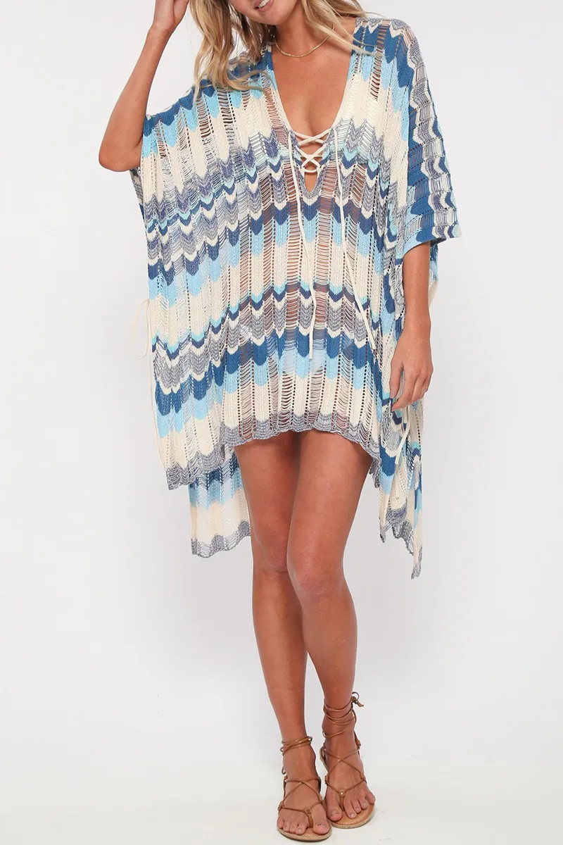 Casual Patchwork Hollowed Out V Neck Tops