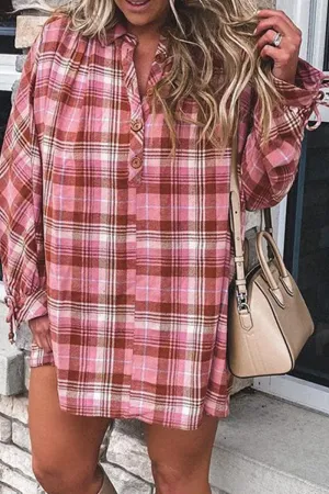 Casual Plaid Split Joint Turndown Collar Tops