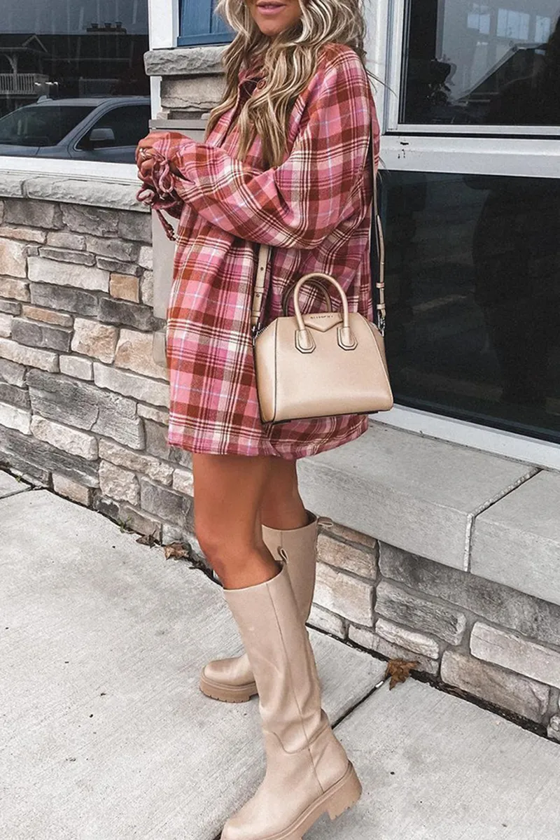Casual Plaid Split Joint Turndown Collar Tops