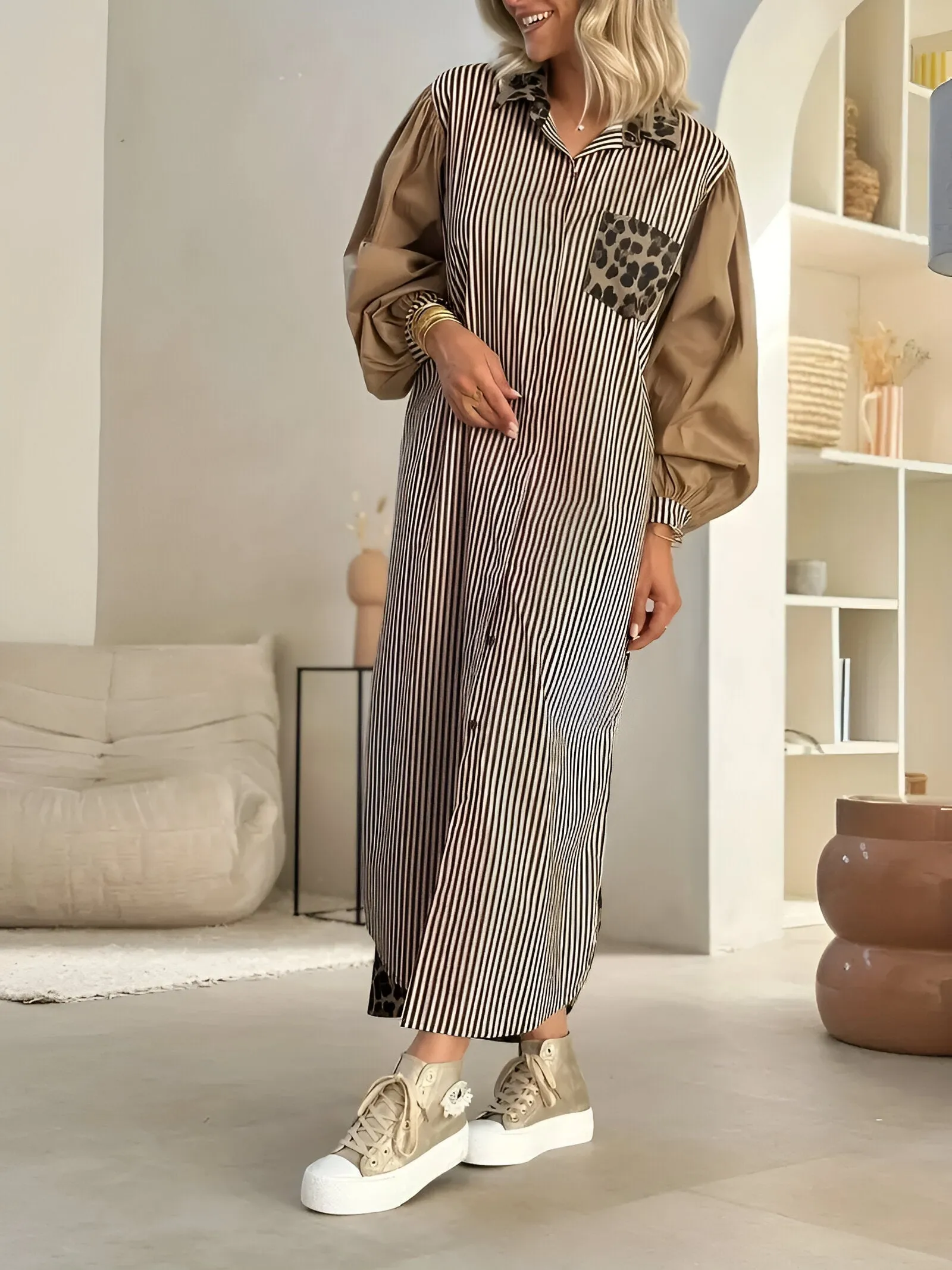 Cerulean | Stylish maxi dress with leopard pattern & stripes