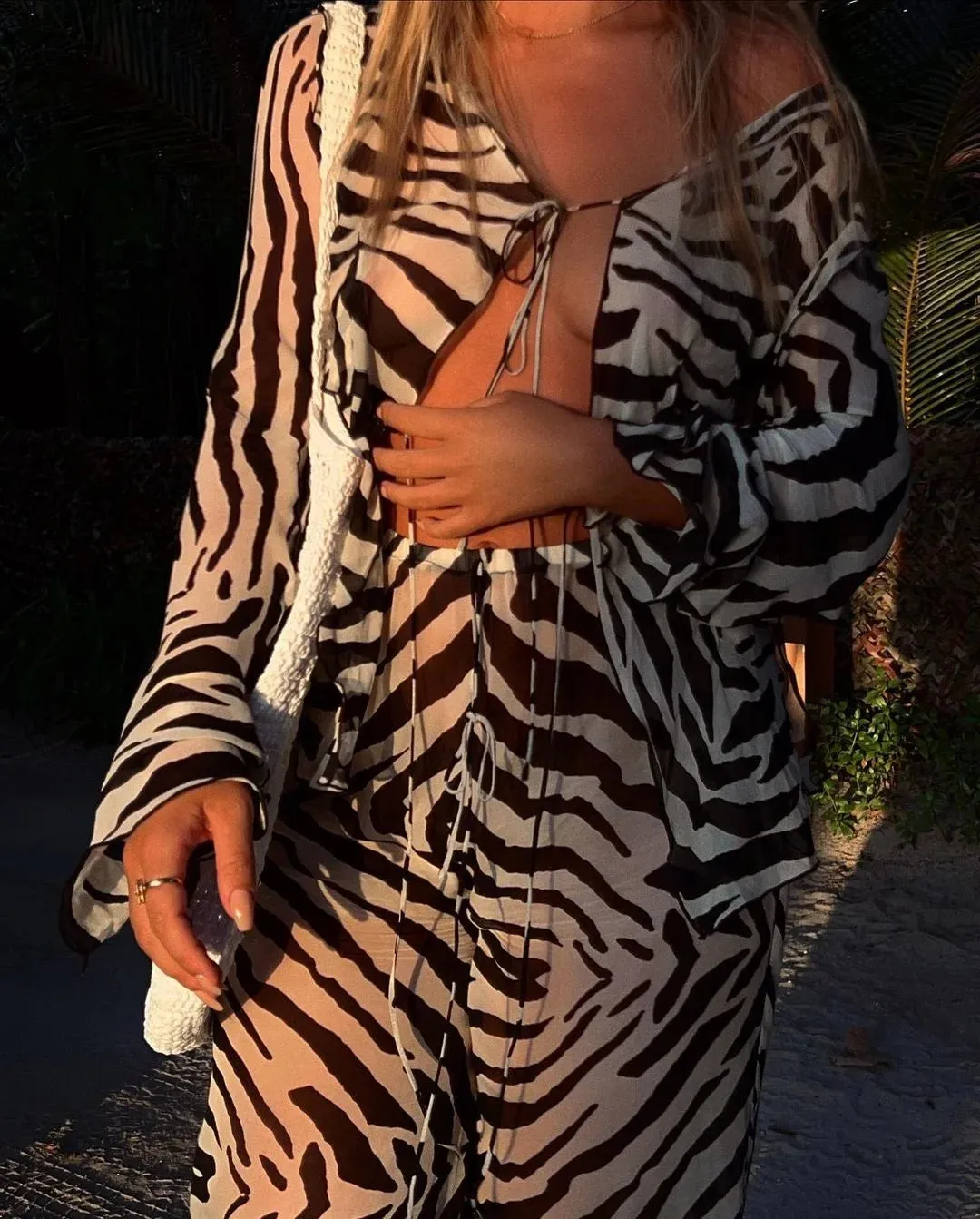 Cryptographic Mesh Print Stripe Tie Top & Pants 2 Piece Sets Beachwear