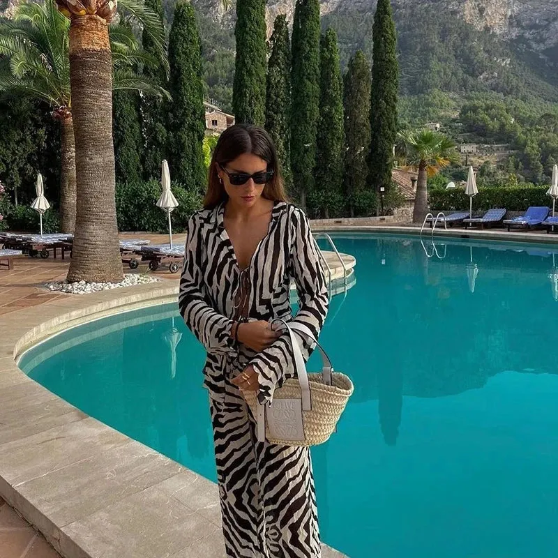 Cryptographic Mesh Print Stripe Tie Top & Pants 2 Piece Sets Beachwear