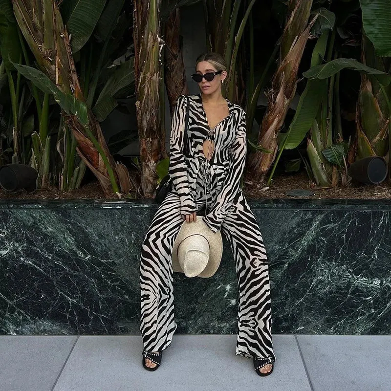 Cryptographic Mesh Print Stripe Tie Top & Pants 2 Piece Sets Beachwear