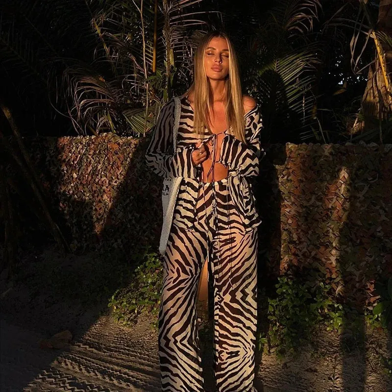Cryptographic Mesh Print Stripe Tie Top & Pants 2 Piece Sets Beachwear