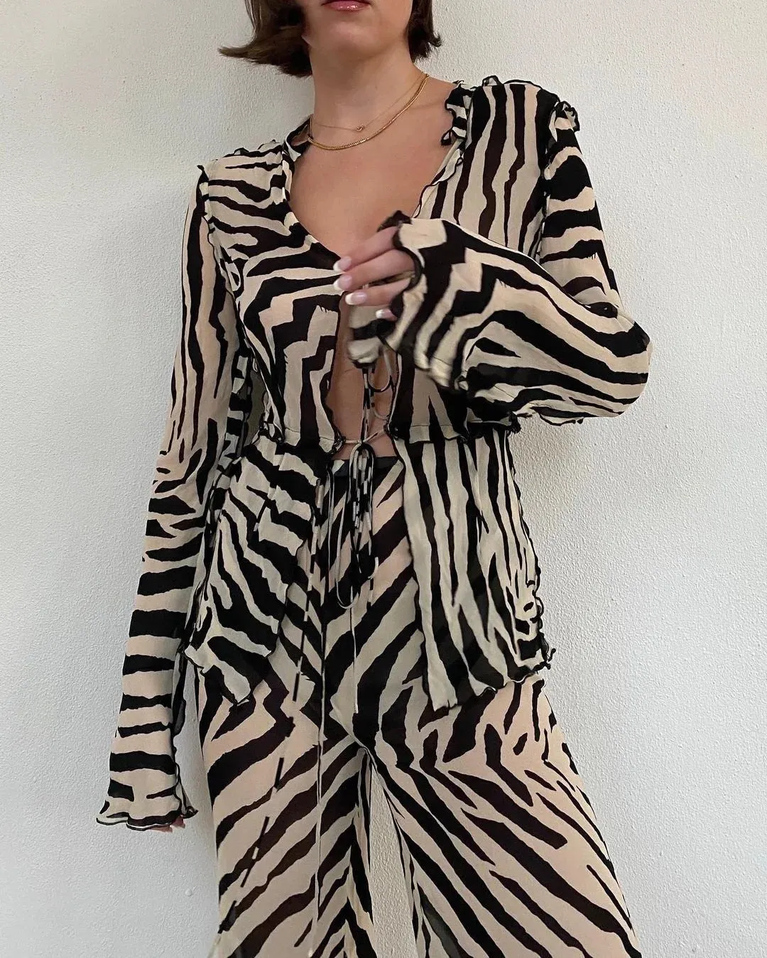 Cryptographic Mesh Print Stripe Tie Top & Pants 2 Piece Sets Beachwear