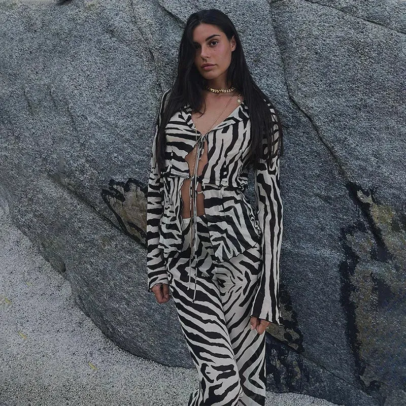 Cryptographic Mesh Print Stripe Tie Top & Pants 2 Piece Sets Beachwear