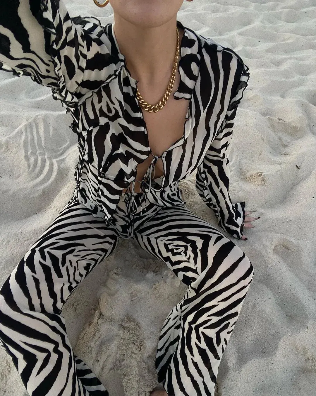 Cryptographic Mesh Print Stripe Tie Top & Pants 2 Piece Sets Beachwear