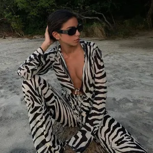 Cryptographic Mesh Print Stripe Tie Top & Pants 2 Piece Sets Beachwear