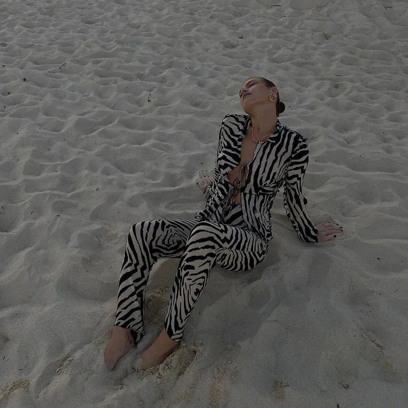 Cryptographic Mesh Print Stripe Tie Top & Pants 2 Piece Sets Beachwear