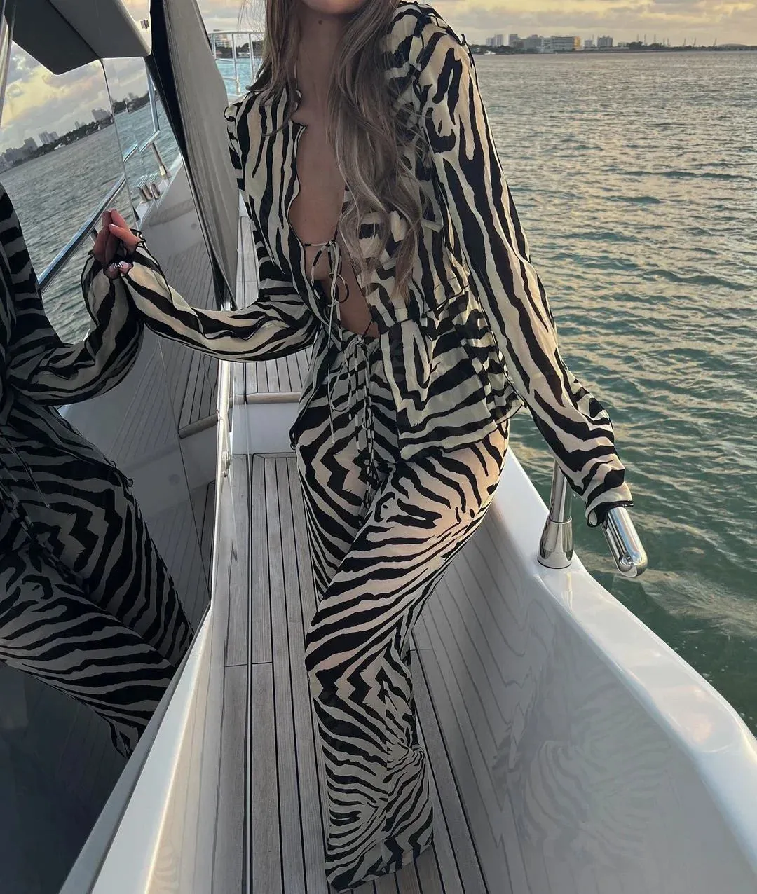 Cryptographic Mesh Print Stripe Tie Top & Pants 2 Piece Sets Beachwear